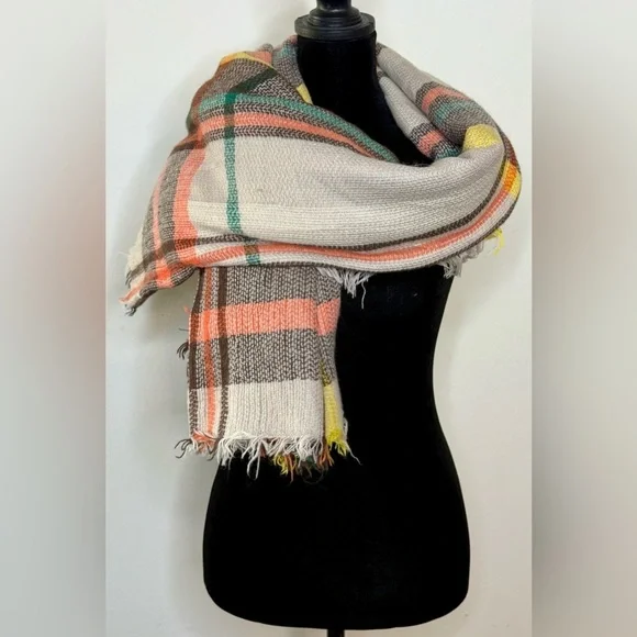 Funky monkey oversized plaid shawl scarf earth tone colors EUC - Picture 2 of 5